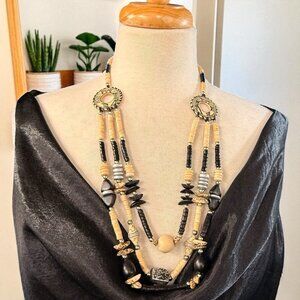 Vintage Tribal Style Multi-Strand Necklace – Wood, Bone, Stone & Resin Beads
